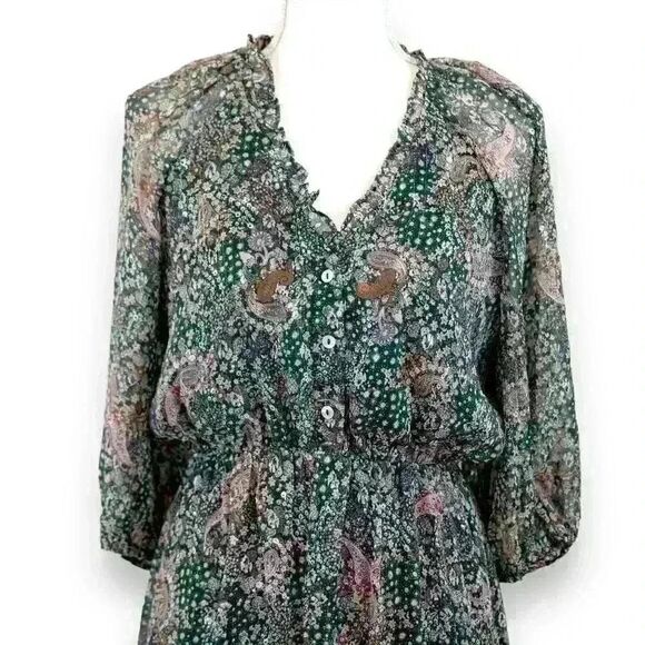 Ellison Green Floral Paisley Chiffon Midi Dress 3/4 Sleeves V-Neck Size Small - Picture 6 of 8